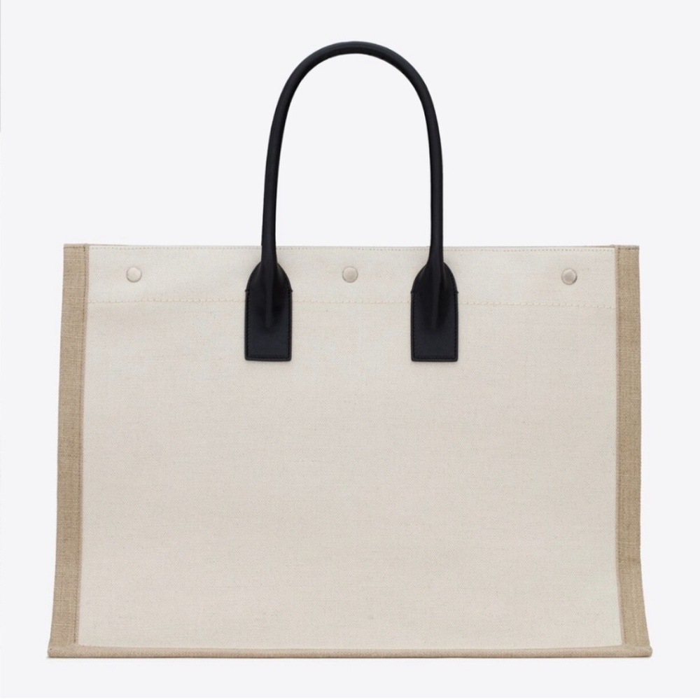 YSL Rive Gauche Large Tote Bag In Printed Canvas And Leather Lin Blanc Like New - Picture 7 of 17